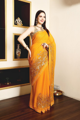 RISHAHA Embroidered Hand Batik Chiffon Saree(Pack of 2, Yellow)