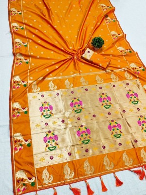 Bansari Textiles Self Design, Woven, Printed, Solid/Plain, Applique, Polka Print Banarasi Cotton Silk, Jacquard Saree(Orange)