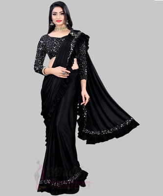 ENCLIQ Solid/Plain Bollywood Lycra Blend Saree(Black)
