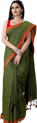 Amita Collections Solid/Plain Handloom Pure Cotton Saree(Dark Green)