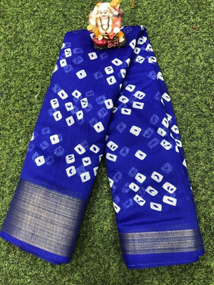 hirva fashion Printed Bandhani Cotton Blend Saree(Blue)