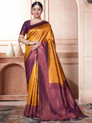 Tasrika Woven Kanjivaram Pure Silk Saree(Mustard)