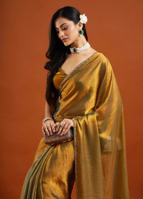 LOROFY Embellished Bollywood Tissue, Silk Blend Saree(Gold)