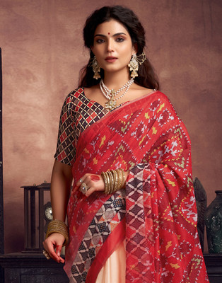 Samah Printed, Embellished Baluchari Cotton Silk Saree(Cream, Red, Multicolor)