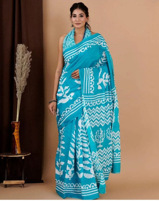 JASU CREATION Printed Bollywood Pure Cotton Saree(Light Blue)