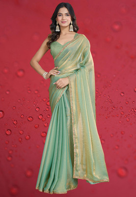 Croza Solid/Plain Bollywood Organza, Pure Silk Saree(Green)