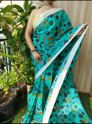 handprinter Printed Handloom Cotton Silk Saree(Light Blue)