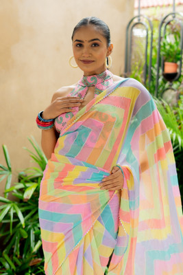 MIRCHI FASHION Printed, Striped Leheria Georgette Saree(Multicolor)
