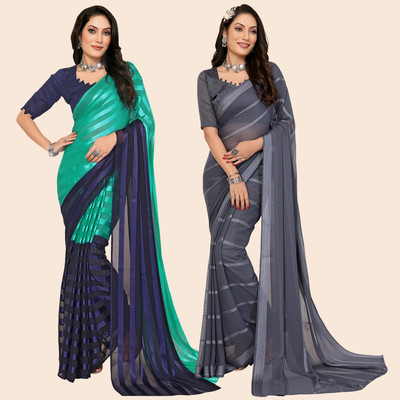 kashvi sarees Striped Bollywood Satin Saree(Pack of 2, Green, Blue, Grey)