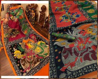 Arpita Fashion Digital Print Madhubani Linen Saree(Multicolor)