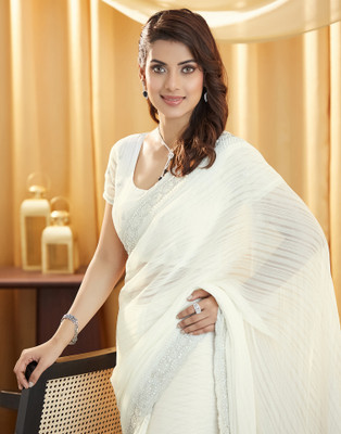Samah Self Design, Embroidered, Embellished Bollywood Chiffon Saree(White)