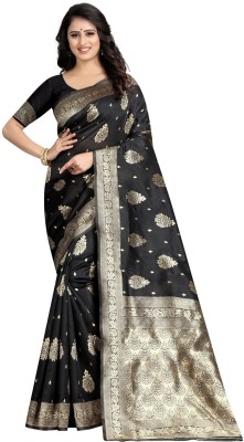 Pervas Woven Banarasi Silk Blend, Cotton Silk Saree(Black)