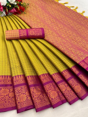 Julee Woven Banarasi Cotton Silk Saree(Light Green, Red)