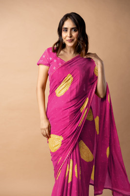MIRCHI FASHION Printed, Blocked Printed Bandhani Chiffon, Georgette Saree(Pink, Yellow)