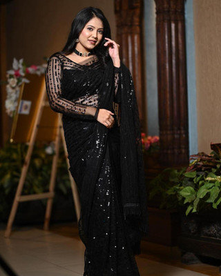 YANVI ENTEPRISE Embroidered Bollywood Net Saree(Black)