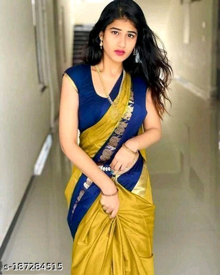 S S CREATION Woven Kanjivaram Pure Silk Saree(Yellow)