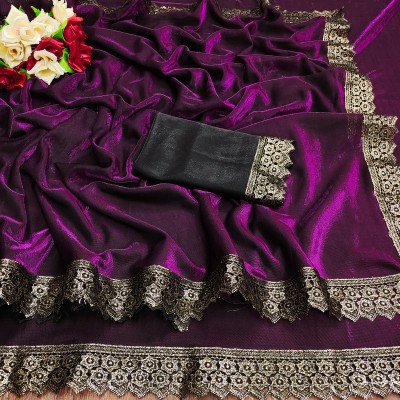 Aadishakti Fashion Embellished Bollywood Lycra Blend Saree(Purple)