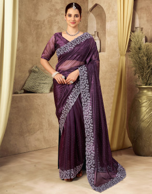 Satrani Embellished, Embroidered Bollywood Net Saree(Purple)