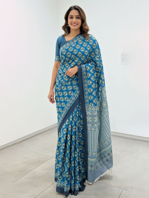 zamuna Floral Print, Digital Print Daily Wear Satin, Crepe Saree(Blue)