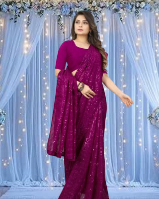 Jayu Digital Print, Dyed, Embroidered, Printed, Self Design, Striped Bollywood Georgette Saree(Magenta)