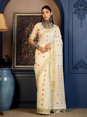 Vichitra Woven, Self Design Handloom Pure Cotton, Jacquard Saree(White)