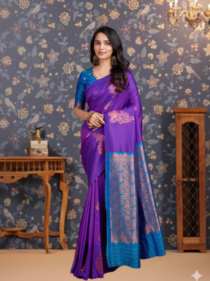 House of Pataudi Woven, Paisley Banarasi Jacquard, Art Silk Saree(Blue, Light Blue)