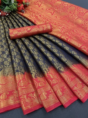 Nareety Woven Kanjivaram Pure Silk, Art Silk Saree(Dark Blue, Red)