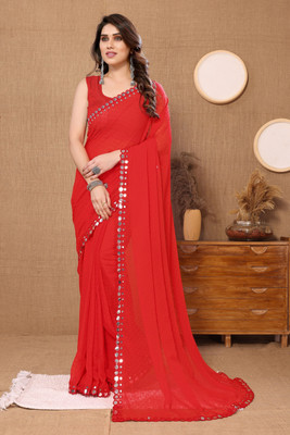 ROOP SUNDARI SAREES Woven, Dyed, Embellished Bollywood Georgette Saree(Red)