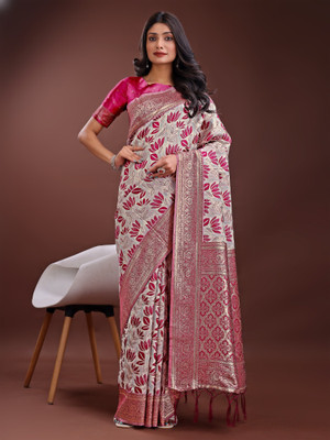 Tasrika Woven Kanjivaram Cotton Linen Saree(White, Pink)