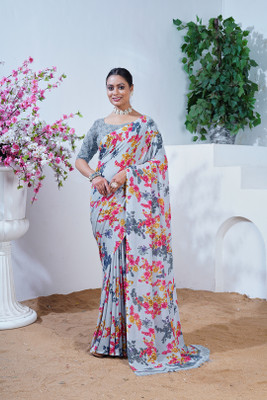 maayro Floral Print Bollywood Georgette Saree(Black)