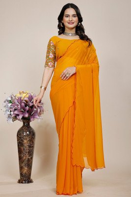 SAADHYA CREATION Embroidered, Solid/Plain Bollywood Georgette Saree(Yellow)
