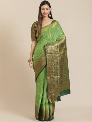 Divastri Woven, Printed Banarasi Cotton Silk Saree(Green)