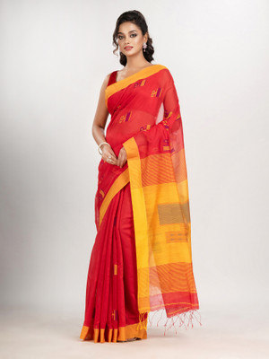 angoshobha Woven Handloom Cotton Blend Saree(Red)
