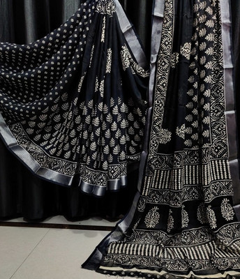 Suto Printed, Floral Print Bandhani Linen Saree(Black)