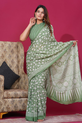 ABSOLUTE FASHION HUB Printed Saree with Attached Blouse Cotton Blend Saree(Light Green)
