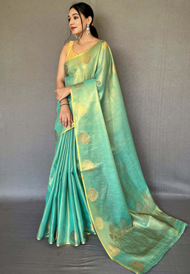 all about you Woven Bollywood Cotton Silk Saree(Light Green)