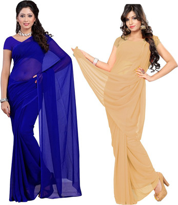 FANCYNINE Self Design Daily Wear Georgette Saree(Pack of 2, Blue, Beige)