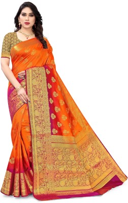 SERONA FABRICS Self Design, Embroidered, Woven Banarasi Jacquard, Cotton Silk Saree(Orange)