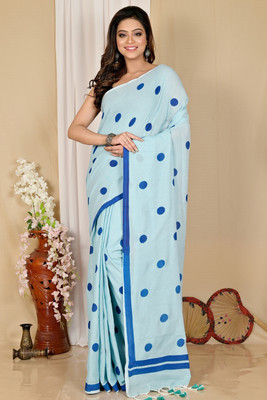 DipDiya Polka Print Handloom Pure Cotton Saree(Light Blue)