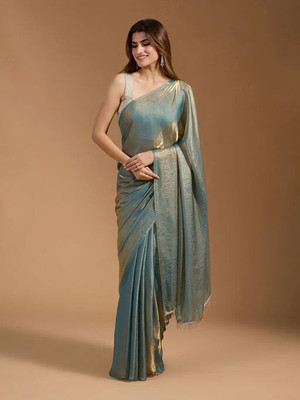 Vraggi Embellished, Embroidered, Solid/Plain Bollywood Chiffon, Pure Silk Saree(Light Blue)