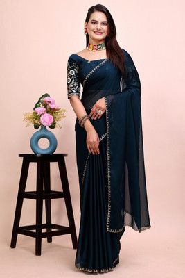 SHIV FASHION Embroidered, Solid/Plain Bollywood Chiffon Saree(Dark Blue)