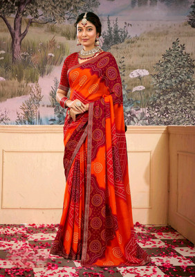 Radharani fusion Dyed, Printed, Tie-Dye Bandhani Georgette Saree(Orange)