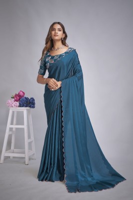 A To Z Cart Solid/Plain Bollywood Chiffon Saree(Dark Blue)