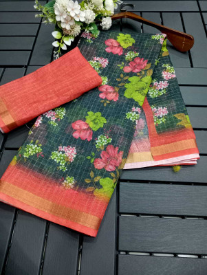 Saaransh Floral Print Kanjivaram Linen, Cotton Silk Saree(Black)