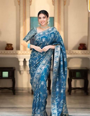 ROOP LAVANYA Woven Banarasi Jacquard, Art Silk Saree(Blue)