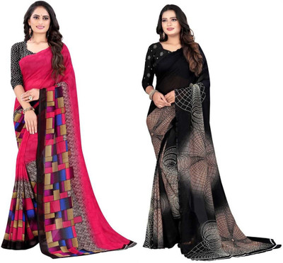 Leelavati Printed Daily Wear Georgette Saree(Pack of 2, Black, Pink)