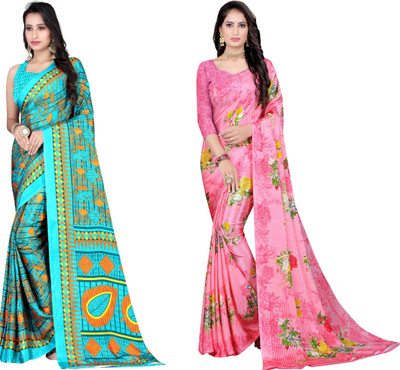 Leelavati Printed Daily Wear Crepe Saree(Pack of 2, Blue, Pink)