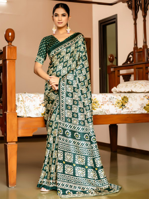 Anouk Rustic Printed Hand Batik Cotton Blend Saree(Green)