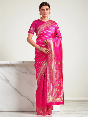 fFASHION Embellished, Solid/Plain, Striped, Temple Border, Floral Print, Dyed, Woven Banarasi Art Silk, Cotton Silk Saree(Pink)