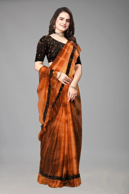 3Buddy Fashion Applique, Paisley, Striped Leheria Lycra Blend, Organza Saree(Orange)